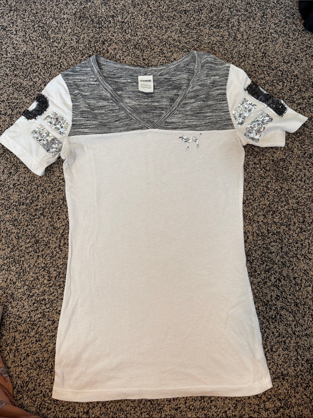 PINK Victoria's Secret White Tee with Gray Heather & Sequin Sleeve Accents
